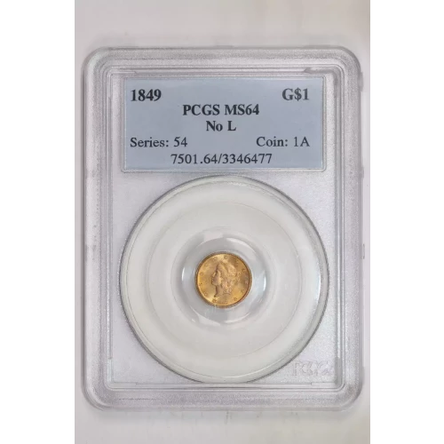 1849 NO L GOLD DOLLAR PCGS MS64