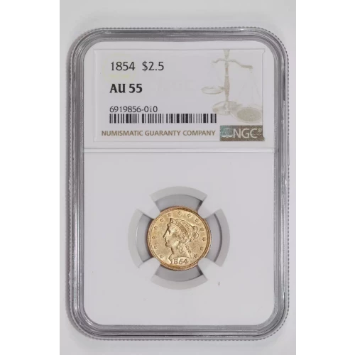 1854 $2.5 GOLD LIBERTY QUARTER EAGLE NGC AU55