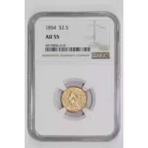 1854 $2.5 GOLD LIBERTY QUARTER EAGLE NGC AU55