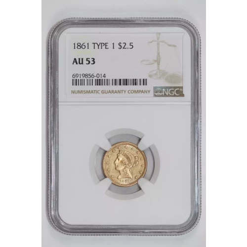 1861 $2.5 TYPE 1 GOLD LIBERTY QUARTER EAGLE NGC AU53 (2)