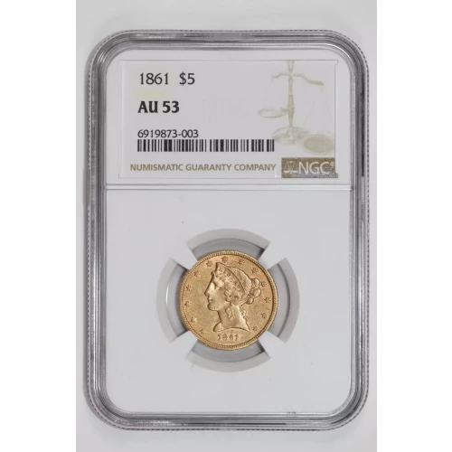 1861 $5 GOLD LIBERTY HALF EAGLE NGC AU53