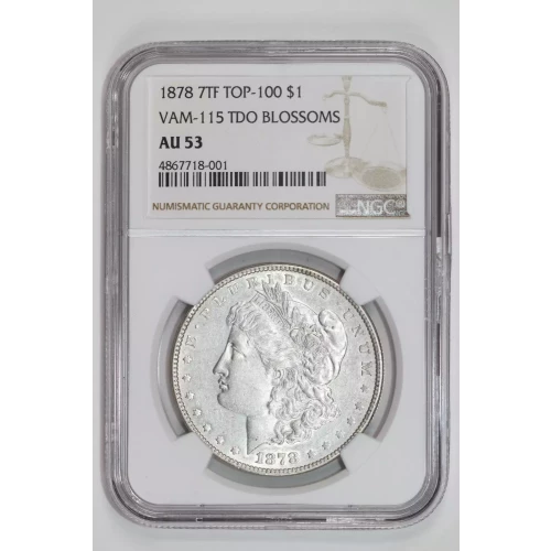 1878 7TF R78 VAM-115 TDO BLOSSOMS MORGAN DOLLAR NGC AU53