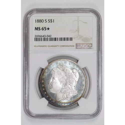 1880-S MORGAN DOLLAR NGC MS65* STAR RAINBOW CRESCENT TONING!