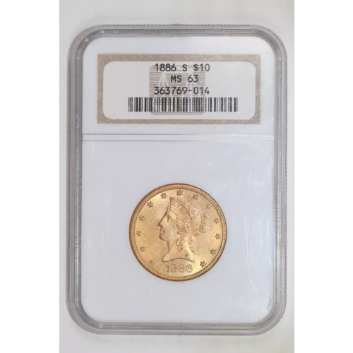 1886-S $10 GOLD LIBERTY EAGLE NGC MS63 TOUGH DATE IN THIS GRADE!