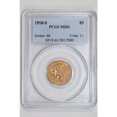 1910-S $5 GOLD INDIAN HALF EAGLE PCGS MS61