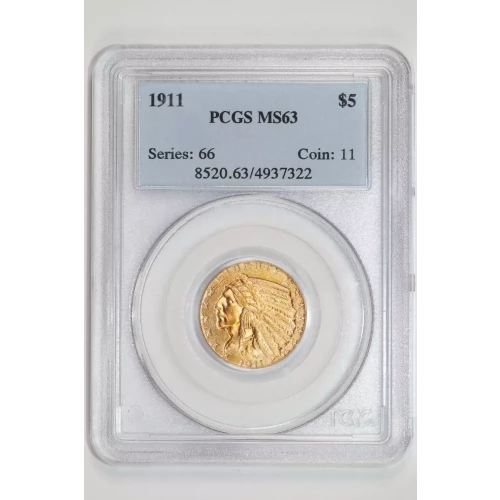 1911 $5 GOLD INDIAN HALF EAGLE PCGS MS63