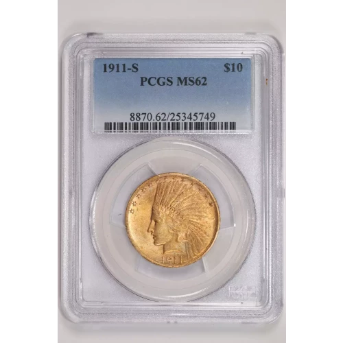 1911-S $10 GOLD INDIAN EAGLE PCGS MS62 - VERY RARE DATE! 