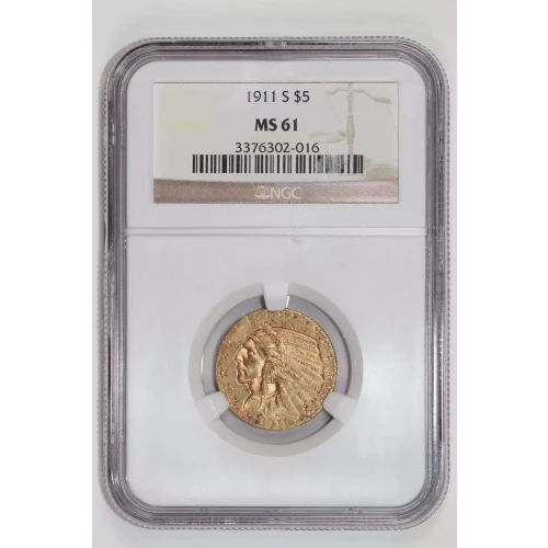 1911-S $5 GOLD INDIAN HALF EAGLE NGC MS61 (2)