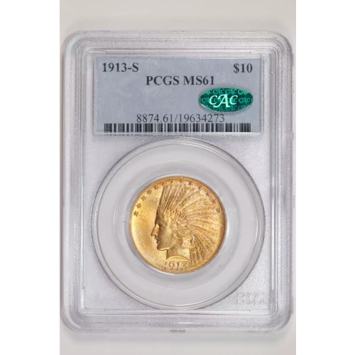 1913-S $10 GOLD INDIAN EAGLE PCGS MS61 CAC - GREAT LOOK, VERY PQ!