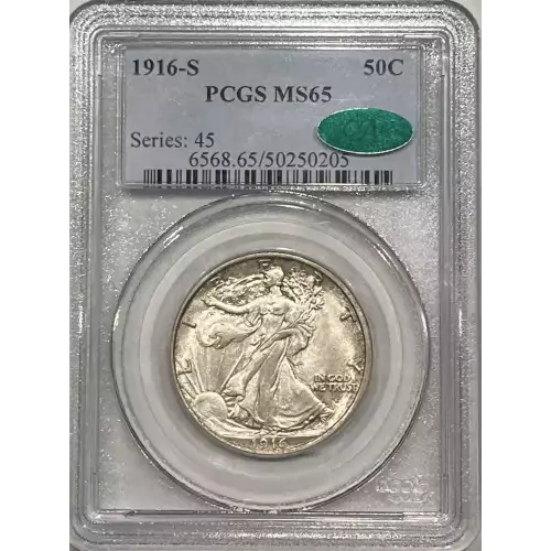 1916-S WALKING LIBERTY HALF DOLLAR PCGS MS65 CAC - VERY PQ! 