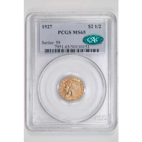 1927 $2.5 GOLD INDIAN QUARTER EAGLE PCGS MS65 CAC - VERY PQ!