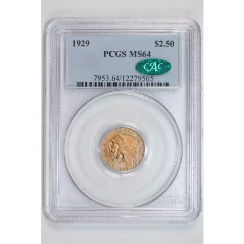 1929 $2.5 GOLD INDIAN QUARTER EAGLE PCGS MS64 CAC - VERY PQ!