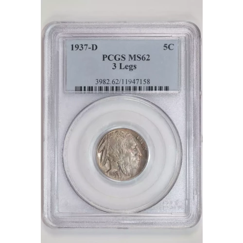 1937-D 3 LEGS BUFFALO NICKEL PCGS MS62