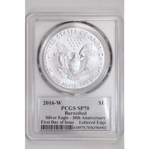 2016-W $1 Burnished Silver Eagle 30th Anniversary Lettered Edge FDI Mercanti First Day of Issue
