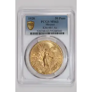 1928 MEXICO Gold 50 PESOS PCGS MS-63 KM#481