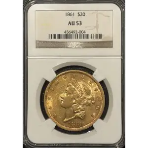1861 $20 GOLD LIBERTY DOUBLE EAGLE NGC AU53