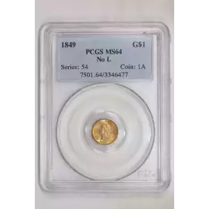 1849 NO L GOLD DOLLAR PCGS MS64