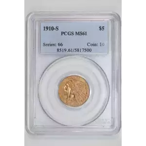 1910-S $5 GOLD INDIAN HALF EAGLE PCGS MS61